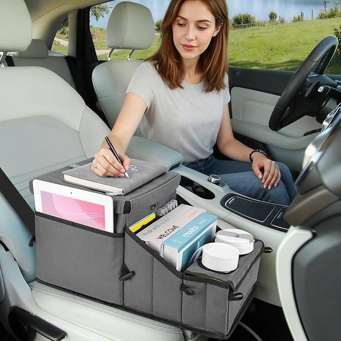 COOLBEBE Car Seat Organizer, Backseat Car Organizer with Cup Holders for Kids and Adults Travel, Cooler Compartment Passenger Seat Organizer Storage Box for Front or Middle Seat, Grey