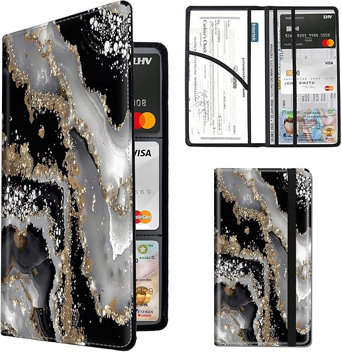 Car Registration and Insurance Holder,PU Leather Car License Document Insurance and Registration Card Holder Men Women Vehicle Glove Box Organizer Auto Accessories-Black Gold Marble