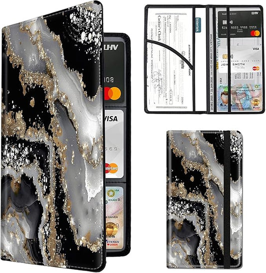 Car Registration and Insurance Holder,PU Leather Car License Document Insurance and Registration Card Holder Men Women Vehicle Glove Box Organizer Auto Accessories-Black Gold Marble