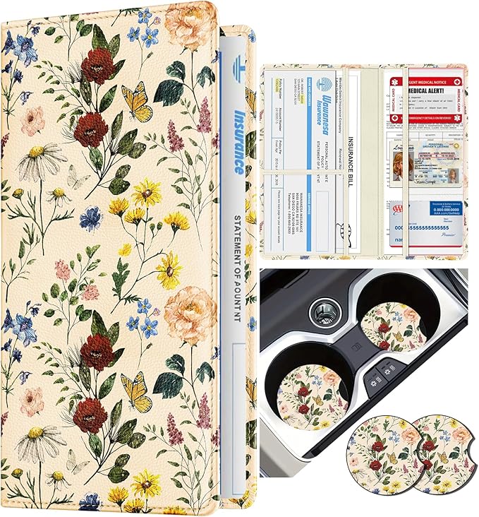 Slohif Car Registration and Insurance Card Holder with Magnetic Shut - Vehicle Glove Box Organizer Women Leather Automobile License Holders Coasters Auto Accessories Case for Document,Retro Flower