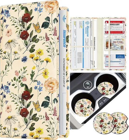 Slohif Car Registration and Insurance Card Holder with Magnetic Shut - Vehicle Glove Box Organizer Women Leather Automobile License Holders Coasters Auto Accessories Case for Document,Retro Flower
