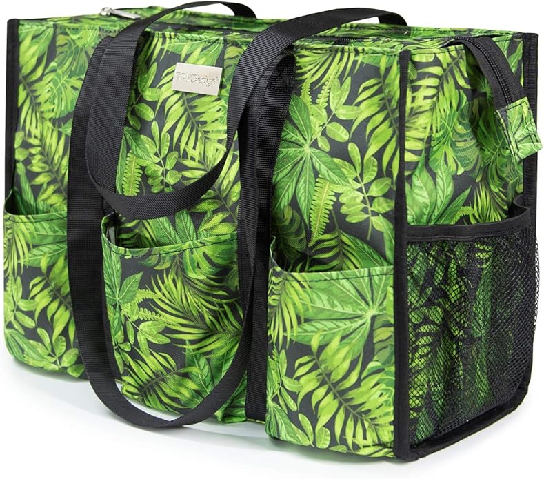 TOPDesign Utility Water Resistant Tote Bag with 13 Pockets, Top Zipper Closure & Thick Bottom Support, for Working Women
