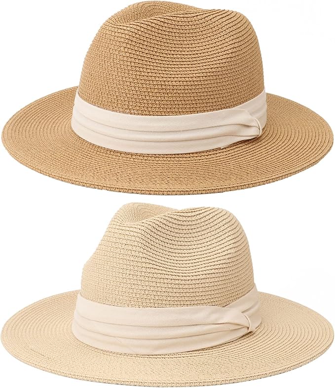 DRESHOW Women Straw Panama Hat Travel Fedora Beach Sun Hat Summer Wide Brim Straw Roll up Hat UPF 50+