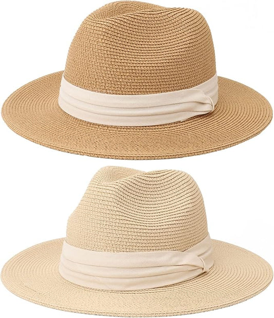 DRESHOW Women Straw Panama Hat Travel Fedora Beach Sun Hat Summer Wide Brim Straw Roll up Hat UPF 50+