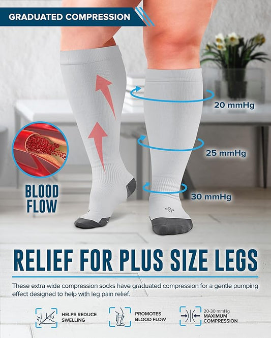 Doctor's Select 3 Pairs Plus Size Compression Socks Wide Calf - Up to 6XL | 20-30 mmHg Compression Socks for Women Wide Calves | Black, White, Gray