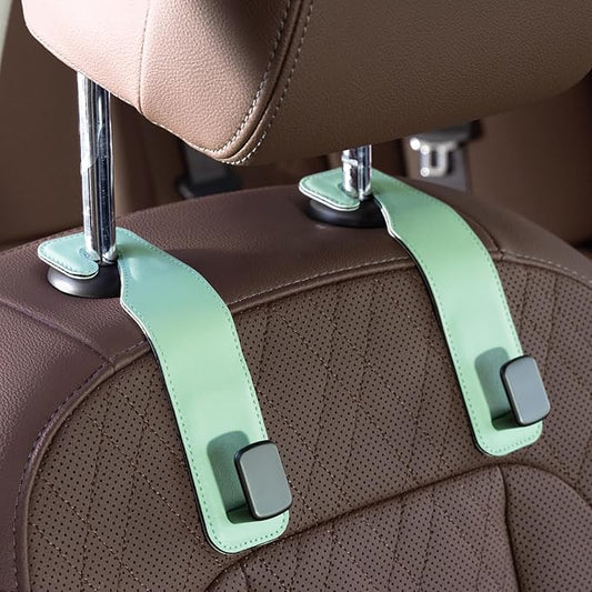 CoBak Headrest Hooks for Car - Universal Premium Stitched Leather and Aluminum-Magnesium Alloy Single Car Seat Back Storage Hook for Purses, Handbags, Bags (2 Pack),Sage Green