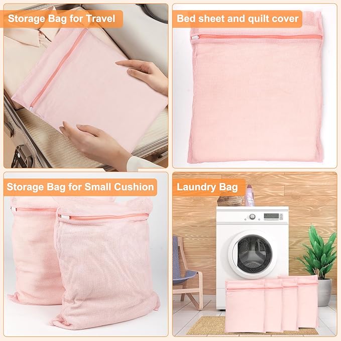 4-Piece Pink Large Durable Organic Cotton Mesh Laundry Bags with Sturdy Zippers and Breathable Mesh are Delicate Laundry Bags for Underwear, Clothes, Pants and Socks