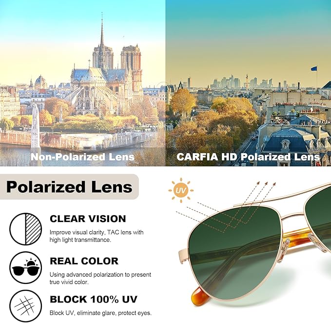 CARFIA Retro Trendy Pilot Sunglasses for Women Polarized UV Protection, Lightweight Outdoor Driving Lady Sunnies Metal Frame