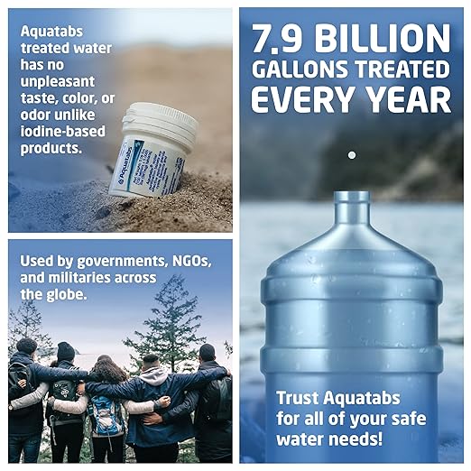 Aquatabs Water Purification Tablets (397mg, 100 Pack). Water Filtration System for Camping, Boating, Emergency Water, Survival Kit, and Marine. Easy-To-Use Water Purifier Treatment.