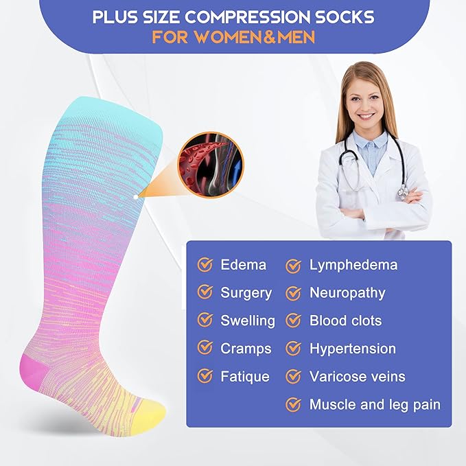 LEVSOX Plus Size Compression Socks for Women Men Wide Calf Extra Large 15-20 mmHg Knee High Sock for Nurses Pregnant Travel