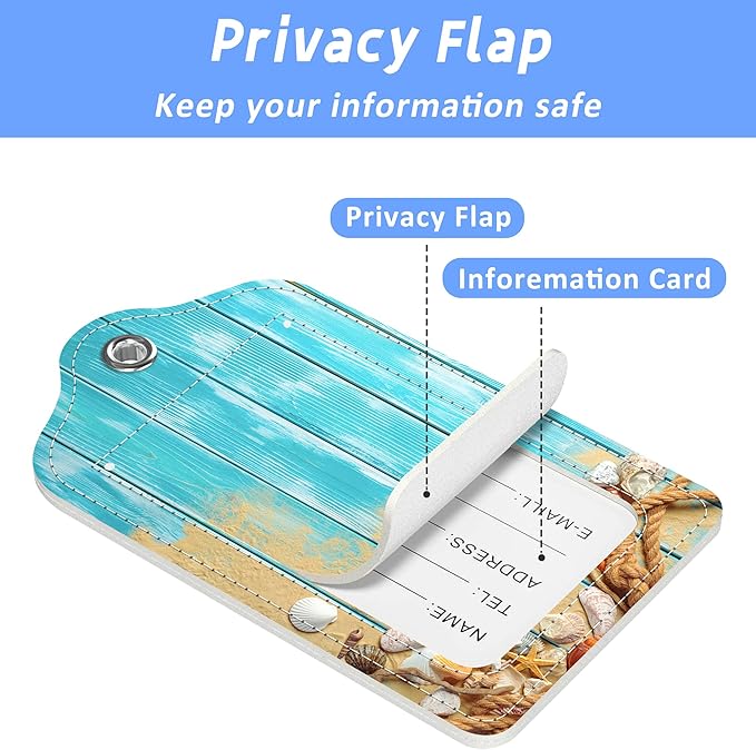 Luggage Tags for Suitcase Rope Shells Sea Sand on Blue Wooden 2 PCS Leather Travel Cruise Luggage Tag with Stainless Steel Loop Name ID Label Privacy Cover for Women Men Travel Bag Labels Set