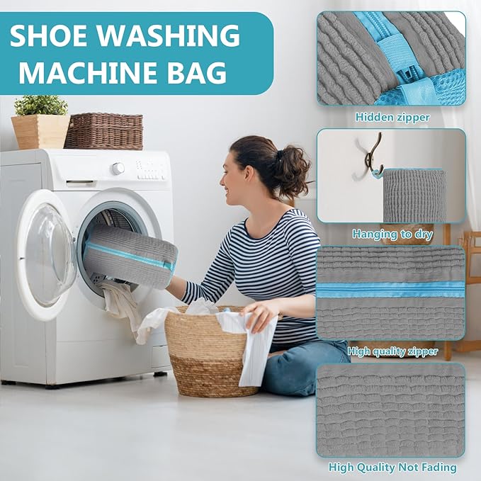 Shoe Washing Machine Bag - 2Pack Laundry Shoe Bag for Washer and Dryer, Reusable Shoe Cleaning Bag for All Shoe Sizes, 360° Deep Clean for Tennis Shoes, Sneakers, Includes 1 Brush (grey)