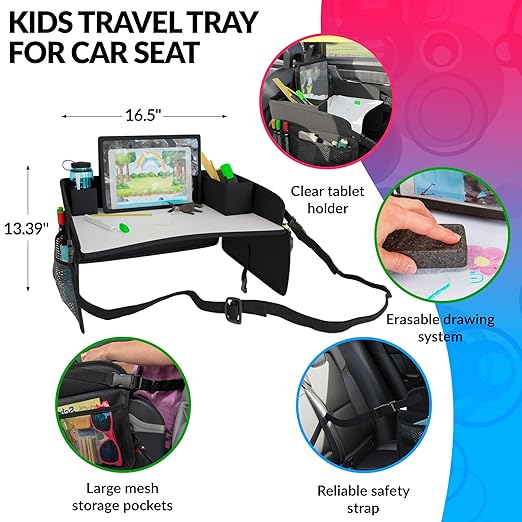 AMZ Supply Kids Travel Tray for Kids Car Seat. Toddler Car Seat Tray Table with 6 Compartments and Tablet Stand. Foldable Toddler Table for Travel. Folding Portable Desk. Compact Road Trip Essentials