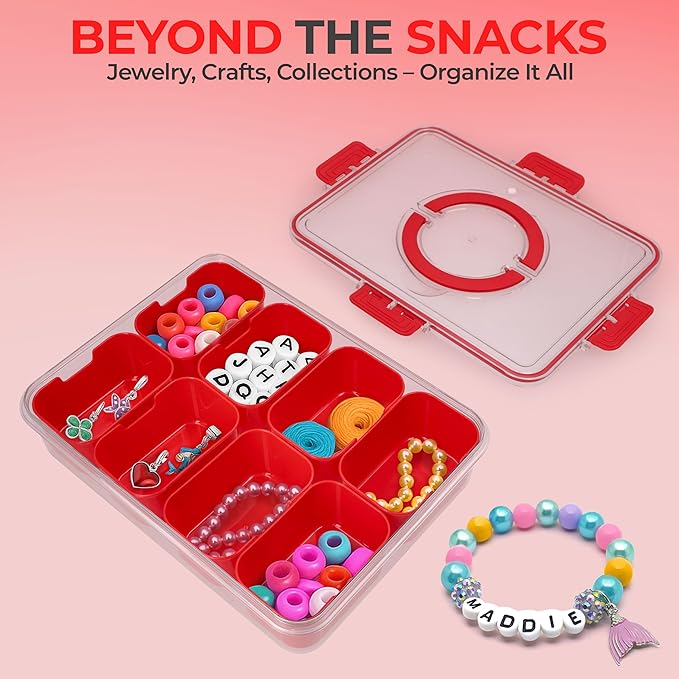 Snackle Box Container with Lid- Travel Charcuterie Box with Handle - Organizer for Candy, Fruit, Nuts, Veggies, Snacks, Beach Essentials, Portable Lunch Box (Red, Large)