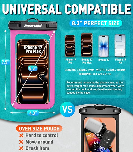 Hiearcool Waterproof Phone Pouch,Waterproof Phone Case for iPhone 17 16 15 14 13 Pro Max,IPX8 Phone Waterproof Pouch for Beach Cruise Ship Travel Essentials Green&Bright Red-2Pack