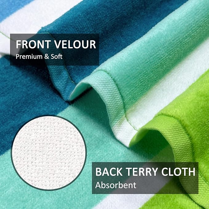 cabanana Large Beach Towel Oversized - Cotton Velour 35 x 70 Inch Rainbow Striped Terry Pool Towel, Cabana Soft Swimming Towel for Adults Women Men (Rainbow Blue)