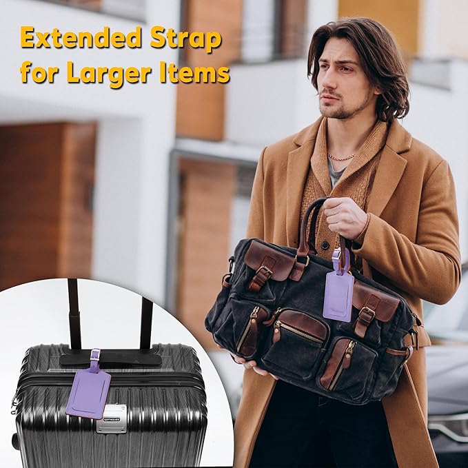 Travelambo 8 Pack Luggage Tags Faux Leather for Suitcases Travel Bag Labels Travel Accessories Essential with Protection Cover ID (Purple)