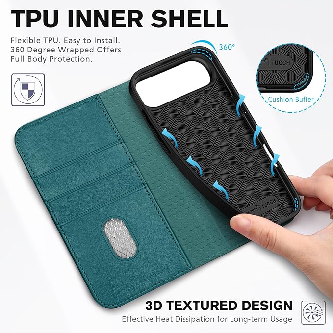 TUCCH Case Wallet for iPhone Air (6.5-Inch) 2025, [3 Card Slots] Kickstand [RFID Blocking] PU Leather Case, Flip Folio Cover with [TPU Shockproof Interior Shell], Teal Green