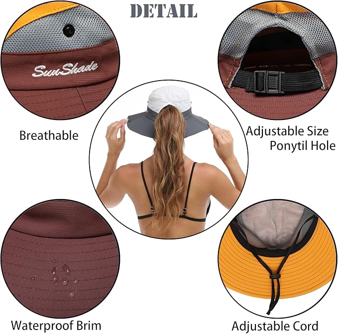 Womens Summer Sun Hat Beach Hat Wide Brim Outdoor UV Protection Hat Foldable Cool Mesh Ponytail Bucket Hat