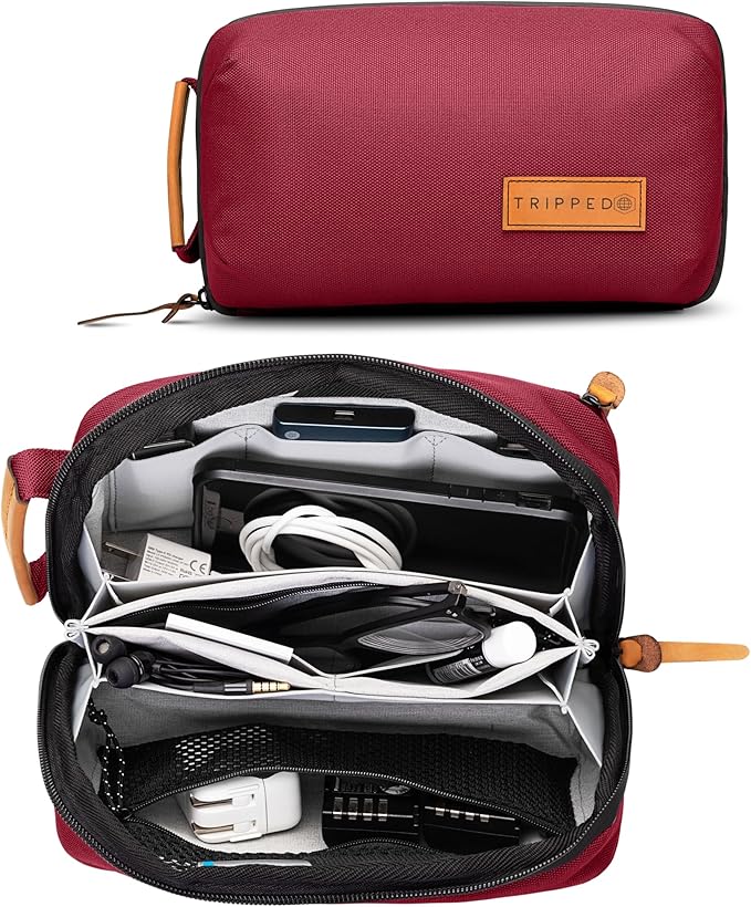 Tech Bag Organizer - Small Electronics Organizer Pouch for Travel - Premium Travel Case with Leather Accents - Mesh Pocket for Cables, Cords and Chargers (Red)