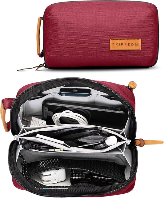 Tech Bag Organizer - Small Electronics Organizer Pouch for Travel - Premium Travel Case with Leather Accents - Mesh Pocket for Cables, Cords and Chargers (Red)