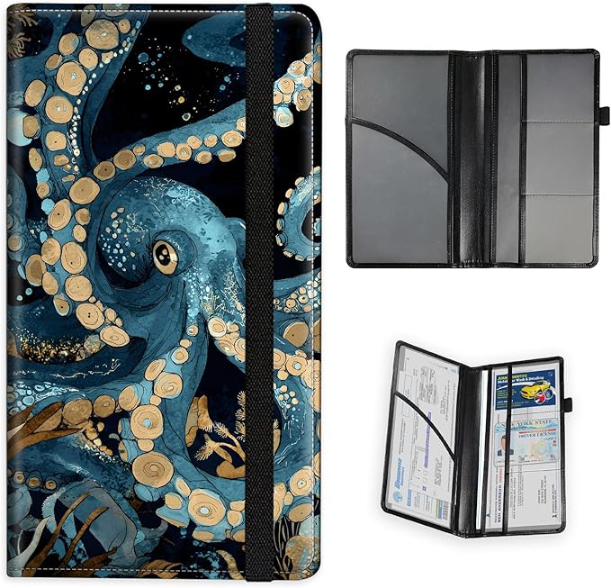 Car Registration and Insurance Holder PU Leather Vehicle Insurance and Registration Holders Wallet Case with Elastic Band Closure for ID Card, Driving Licence, Blue Octopus
