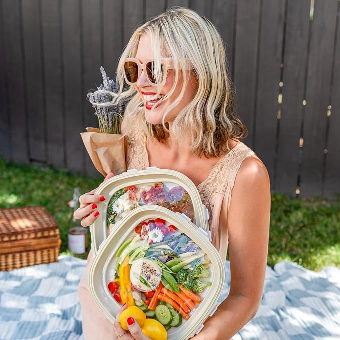 Crudités | Portable Snack Tray | Square 4-Pack | Cream White | Reversible Stretch Lid Food Containers | BPA-Free, Freezer & Dishwasher Safe | Meal-Prep, Charcuterie, Salads, Picnic, Travel