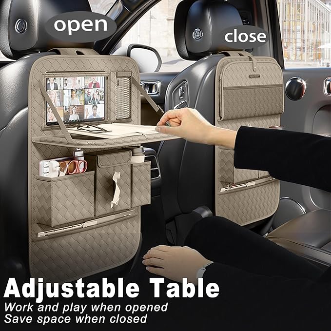 Car Seat Organizers,Multi-functional Back Seat Protectors, Storage Pouches, and Tray Holders (for Cars, Kids, Seat Back and Rear Seats) (Woven Beige, 1 Pcs)