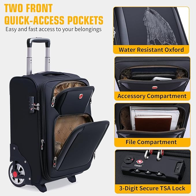 ROPLUS Laduga Softside Expandable Luggage with Large Steel Wheels Carry-On Luggage Suicase (Black, 21-Inch)