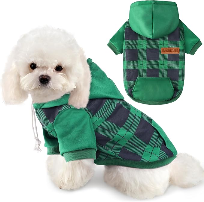 BAOBICUTE Dog Basic Hoodie Soft Dog Clothes Cold Weather Sweaters for Medium Large Dogs Cozy Fabric Warm Sweatshirt with Leash Hole (Green Plaid, XS (Back: 10.24",Chest: 14.96", Neck: 11.42"))