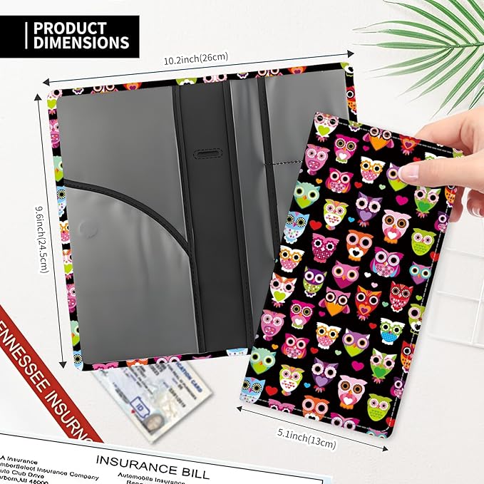 Leather Car Registration and Insurance Card Holder, Cute Car Accessories Vehicle Glove Box Car Organizer for Documents, Cards, License Cute Colorful Owls