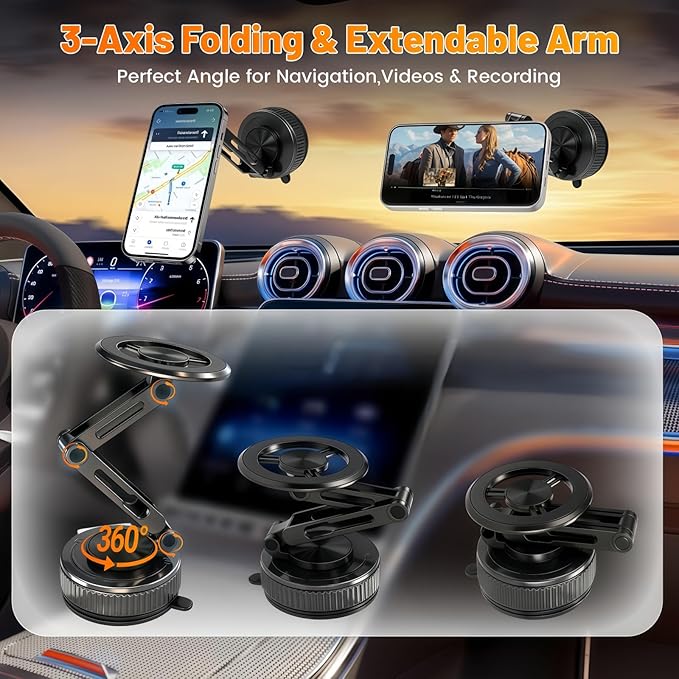 Extended Long Metal Arm Magnetic Car Phone Mount with Strongest Suction Cup, 360° Adjustable Universal Dashboard Windshield Holder for All iPhone Android Cell Phones, Heavy Duty for Car Truck SUV