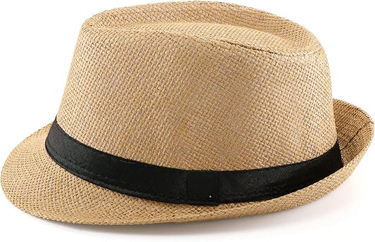 FALETO Unisex Summer Panama Straw Fedora Hat Short Brim Beach Sun Cap Classic