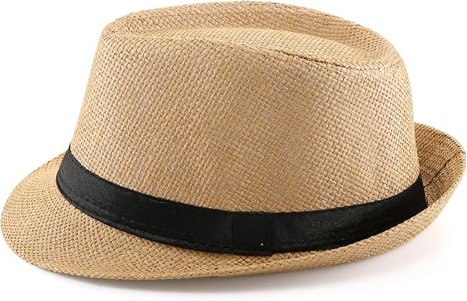 FALETO Unisex Summer Panama Straw Fedora Hat Short Brim Beach Sun Cap Classic