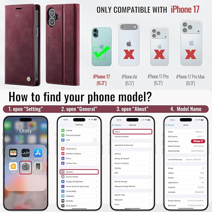 PlusnapX Wallet Case for iPhone 17 Compatible with Magsafe, 2-in-1 PU Leather Flip RFID Blocking Card Holder Stand Shockproof Magnetic Detachable Case for iPhone 17 Case 6.3", Burgundy