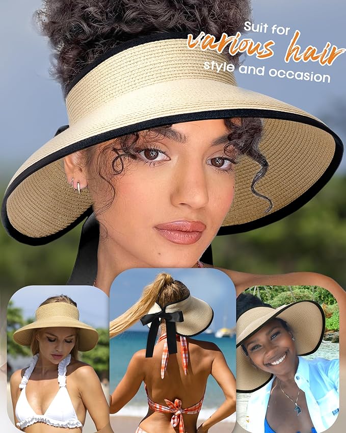 Camptrace Sun Visors for Women Wide Brim Beach Hat Foldable Straw Visor Hat Ponytail Summer Packable UPF 50+