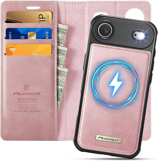 PlusnapX Wallet Case for iPhone Air Compatible with Magsafe, 2-in-1 PU Leather Flip RFID Blocking Card Holder Stand ShockAirof Magnetic Detachable Cover for iPhone 17 Air Case 6.5", Pink