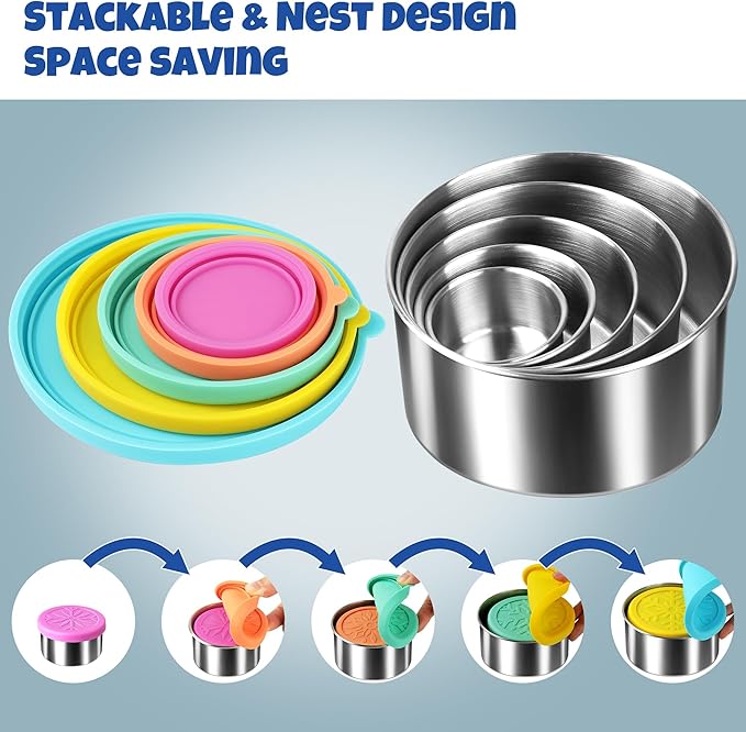 Homotte 304 Stainless Steel Containers with Lids Small for Lunch, Leak-Proof Stainless Steel Food Storage Containers for Back to School Kids, 5 Pack Stackable (2oz, 4oz, 8oz, 14oz, 24oz)