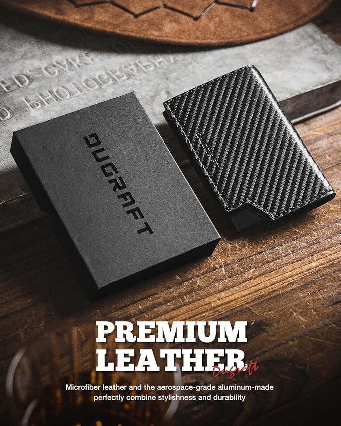 DUGRAFT Bifold Pop Up Wallet for Men, Slim Leather Credit Card Holder with Zipper Minimalist Women Magnetic Cash Coins Pocket Wallets RFID Blocking(CF Black)