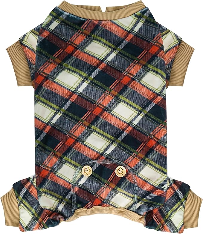 KYEESE Dog Pajamas Plaid Dog Pajamas for Small Dogs Boy Girl Velvet Doggie Jammies Stretchy Onesie Comfy Pet Clothes Soft Coat Lightweight Pjs, Khaki, Large