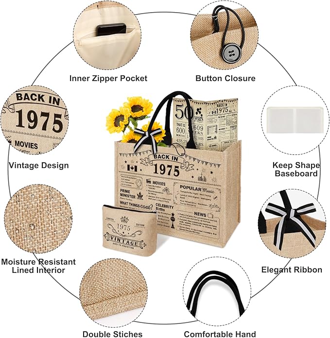 YeohJoy 50th Birthday Gifts for Women Jute Tote Bag, Vintage 1975 Burlap Bag with Cosmetic Bag and Back in 1975 Poster, Unique 50 Years Old Gifts for Mom Friends Wife Sister Her