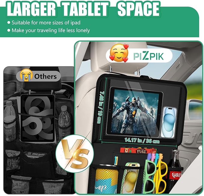 Car Backseat Organizer with Tablet Holder,11 Storage Pockets with Foldable Food Tray, Protector Kick Mats for Kids, Travel Accessories Organizer (Black, 2Pack with Food Tray)