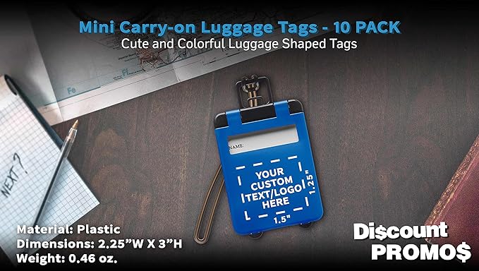 10 Mini Carry-on Luggage Tags Pack - Customizable Text, Logo - Flip Open Cover, ID Sticker - Blue