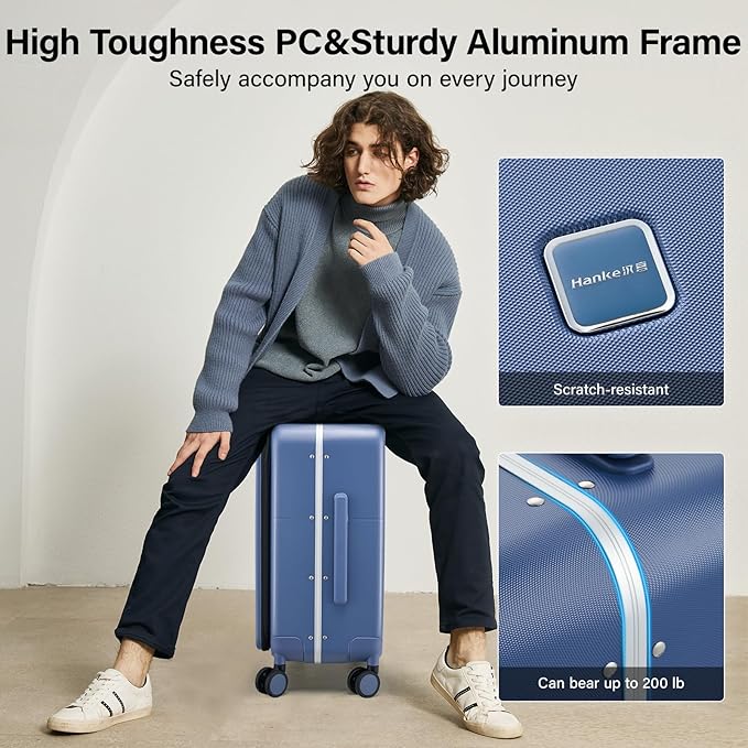 Hanke 24 Inch Luggage with Cup Holder and Charge,Top Opening Hard Shell Suitcases with Wheels and Dividers,Aluminum Frame Trunk Luggage Medium Checked Suitcase with Lock for Travel,Interstellar Blue