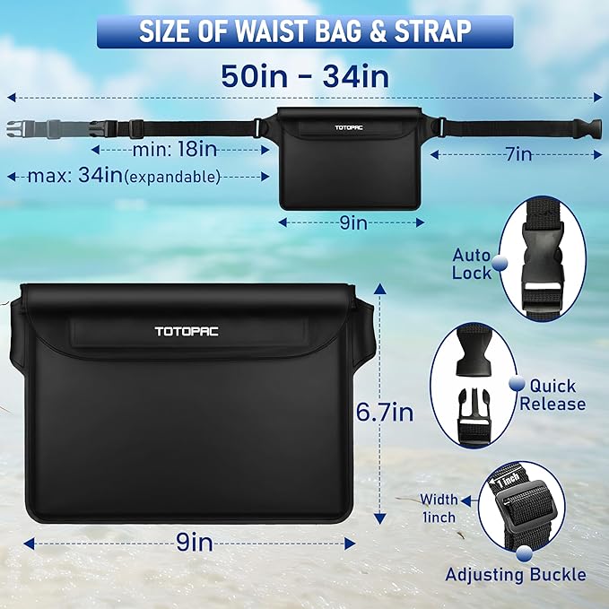 2-Pack Waterproof Fanny Pack, Phone Pouch with Waist Strap, 9x6.7 Inch Dry Bag for Phone, Cash, and Valuables – for Swimming, Kayaking, Boating, Snorkeling, and Water Sports (2, Black + Black)