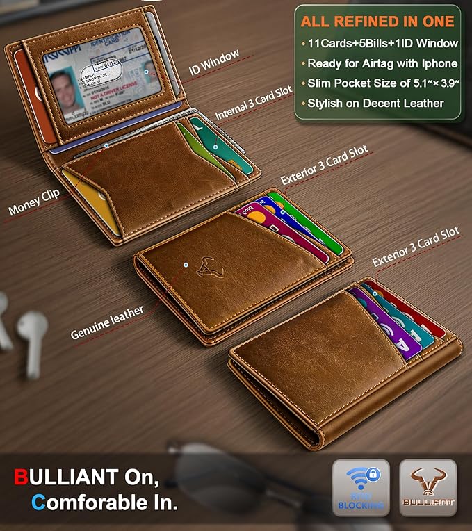 BULLIANT Men Wallet,Top Grain Leather Slim Wallet Magnetic Closure Simplifed Bill Folder RFID Blocking 11Cards