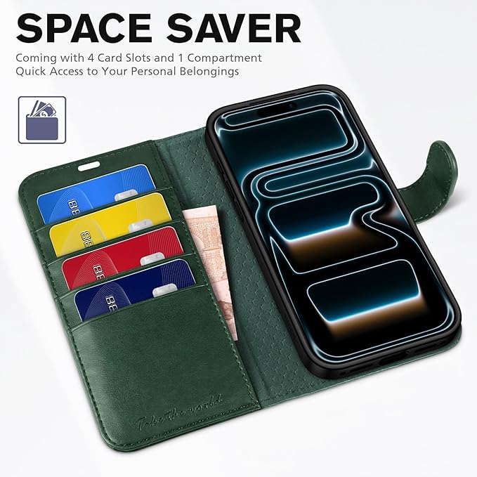 TUCCH Wallet Case for iPhone 17 Pro (6.3") 2025, RFID Blocking 4 Card Slots, Kickstand, Shockproof TPU Shell, PU Leather, Magnetic Closure, Protective Flip Folio Cover, Evergreen