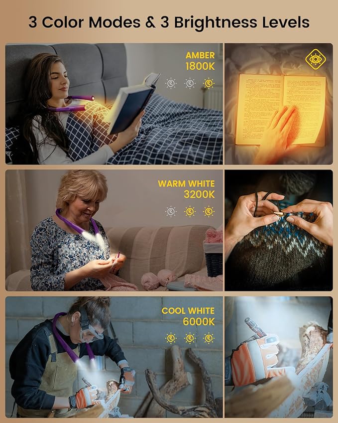 Glocusent Upgraded LED Neck Reading Light, Book Light for Reading in Bed, 30-min Timer, 3 Colors & 3 Brightness Adjustable, Rechargeable & Long Lasting, Perfect for Reading, Knitting