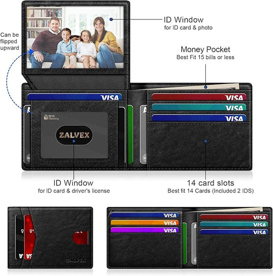 Wallet for Men Slim RFID Blocking Leather Credit Card Holder Wallet for 14 Cards, Bifold Minimalist Thin Wallet with 2 ID Windows & Cash Slot, Front Pockt Carteras Para Hombres, Birthday Gifts for Men