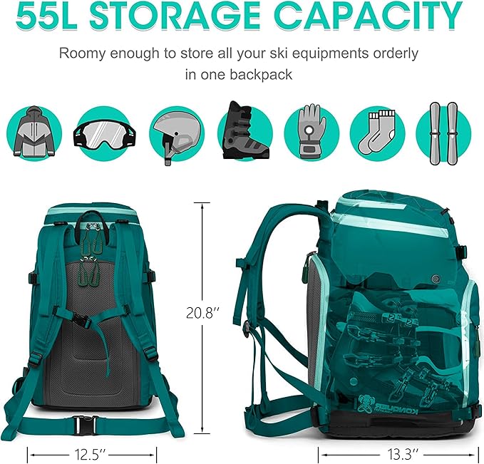 Ski Boot Bag, 55L/70L Waterproof Ski and Snowboard Boots Travel Backpack for Skis, Snowboard, Ski Helmet, Goggles, Gloves & Accessories